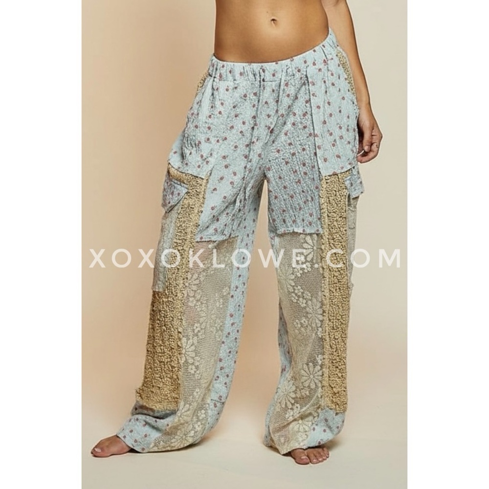 POL Blue Patchwork Pants Floral Lace | Elastic Waist Wide Leg Cargo